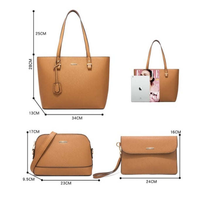 4 Piece Women Fashion Tote Handbag Shoulder Bag - Brown