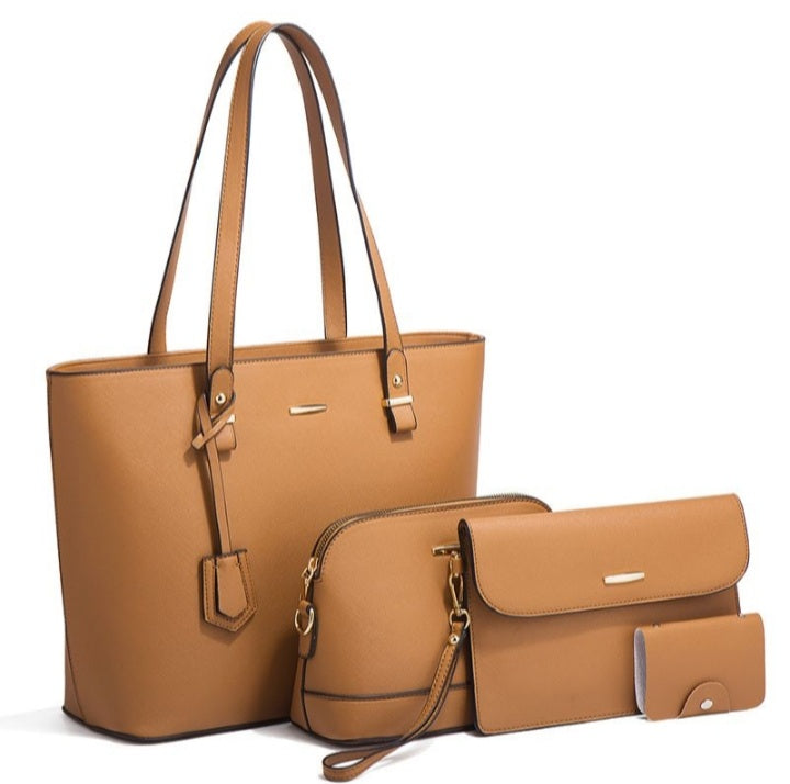 4 Piece Women Fashion Tote Handbag Shoulder Bag - Brown