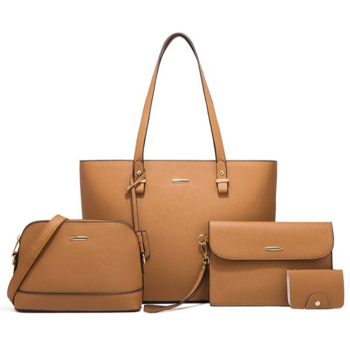 4 Piece Women Fashion Tote Handbag Shoulder Bag - Brown