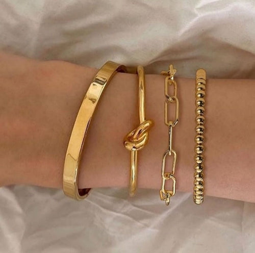 4 Pieces Gold-Tone Plated Bangle Set for Women-Stackable Anti-Tarnish Bracelets