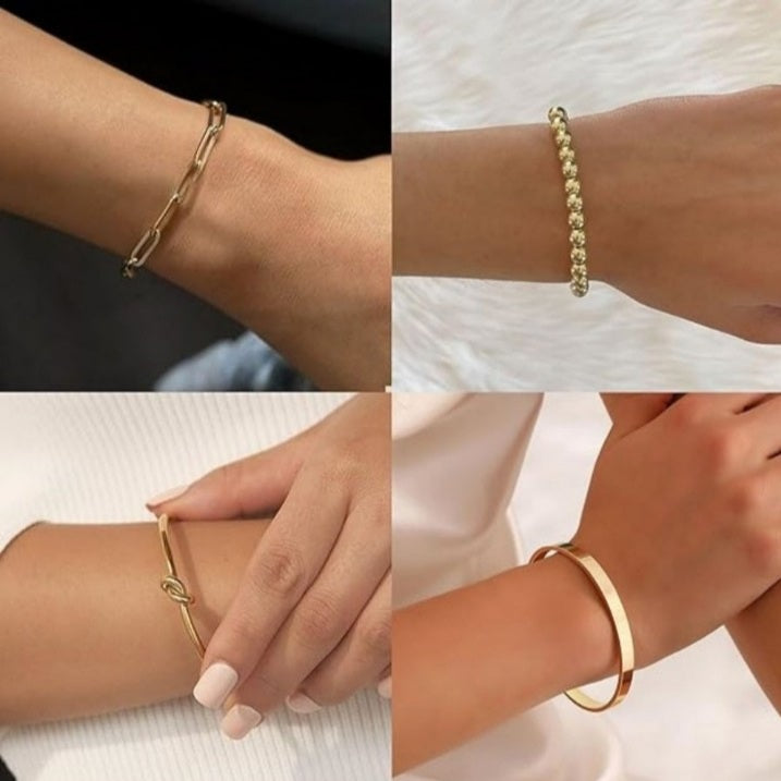 4 Pieces Gold-Tone Plated Bangle Set for Women-Stackable Anti-Tarnish Bracelets